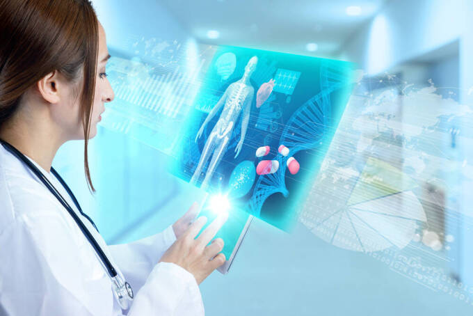 841844132 - medical technology concept. young female doctor holding digital tablet. Internet of Things. Information Communication Technology.
